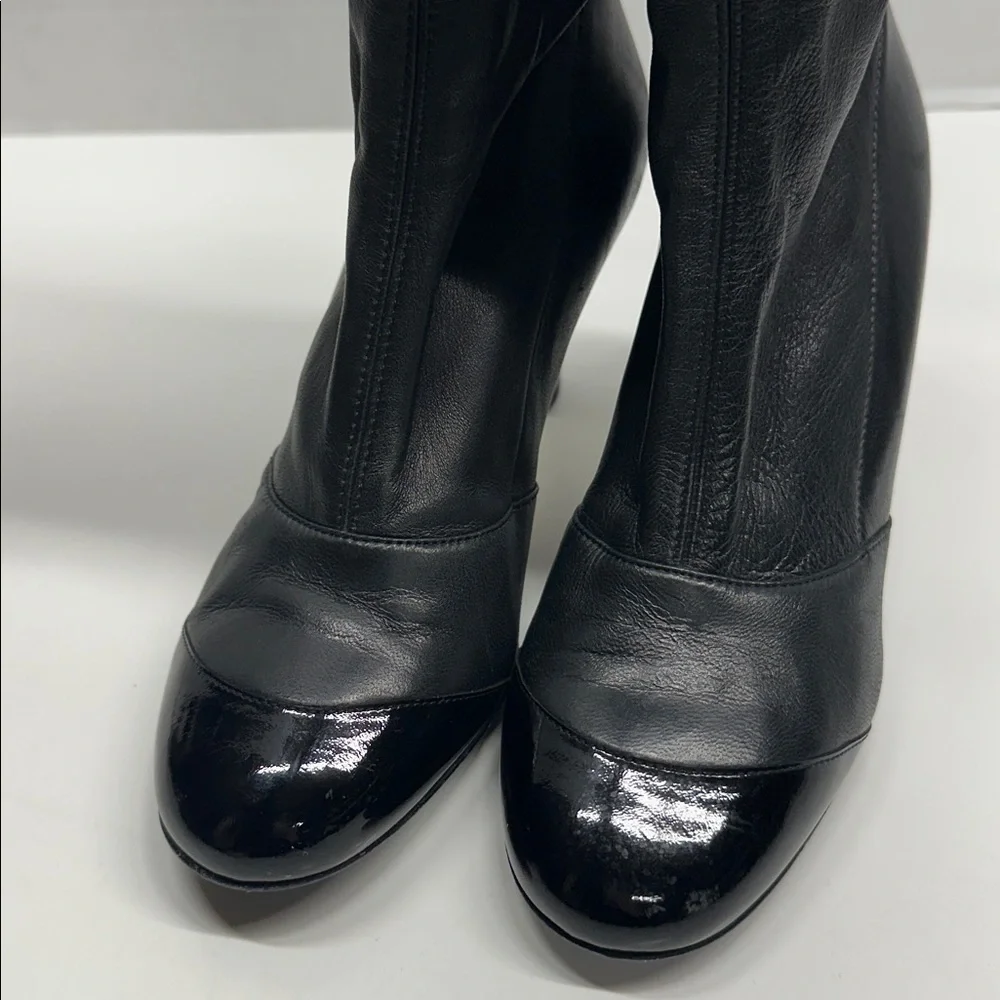 Chanel Heeled Boots Lambskin Tall Boots Cap Round Toe Patent Leather Black EU 38